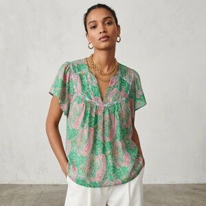 ba&sh Oxana Paisley Cotton Voile Flutter Sleeve Top Size L